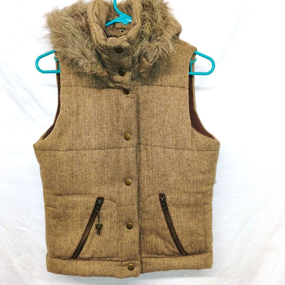 Refuge Brown Herringbone Hooded Vest • Faux Fur Trim  y2k size m